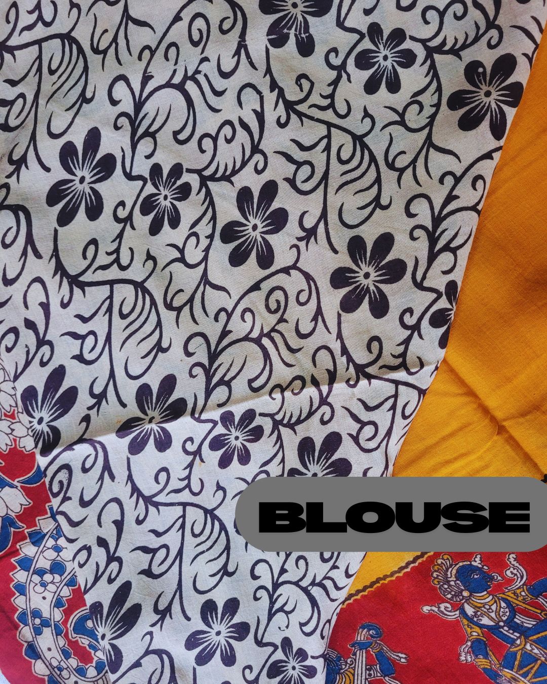 Kalamkari Double Dyed Pure MulMul Cotton Saree with 9-Inch Printed Border - Mustard katha border