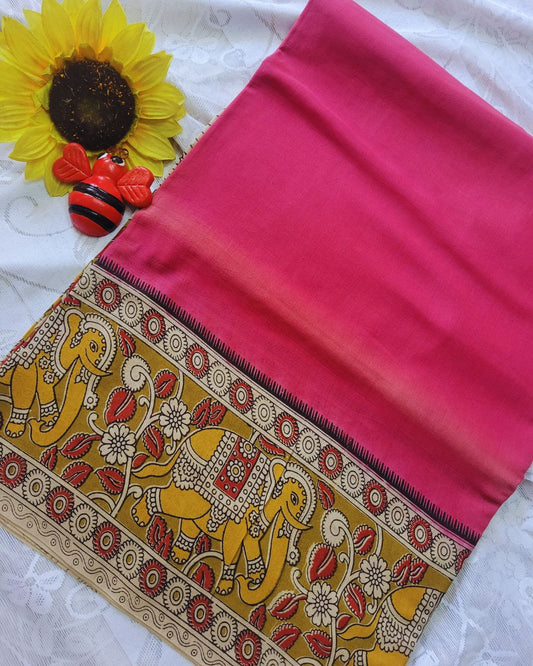 Kalamkari Double Dyed Pure MulMul Cotton Saree with 9-Inch Printed Border - Pink Elephant Border