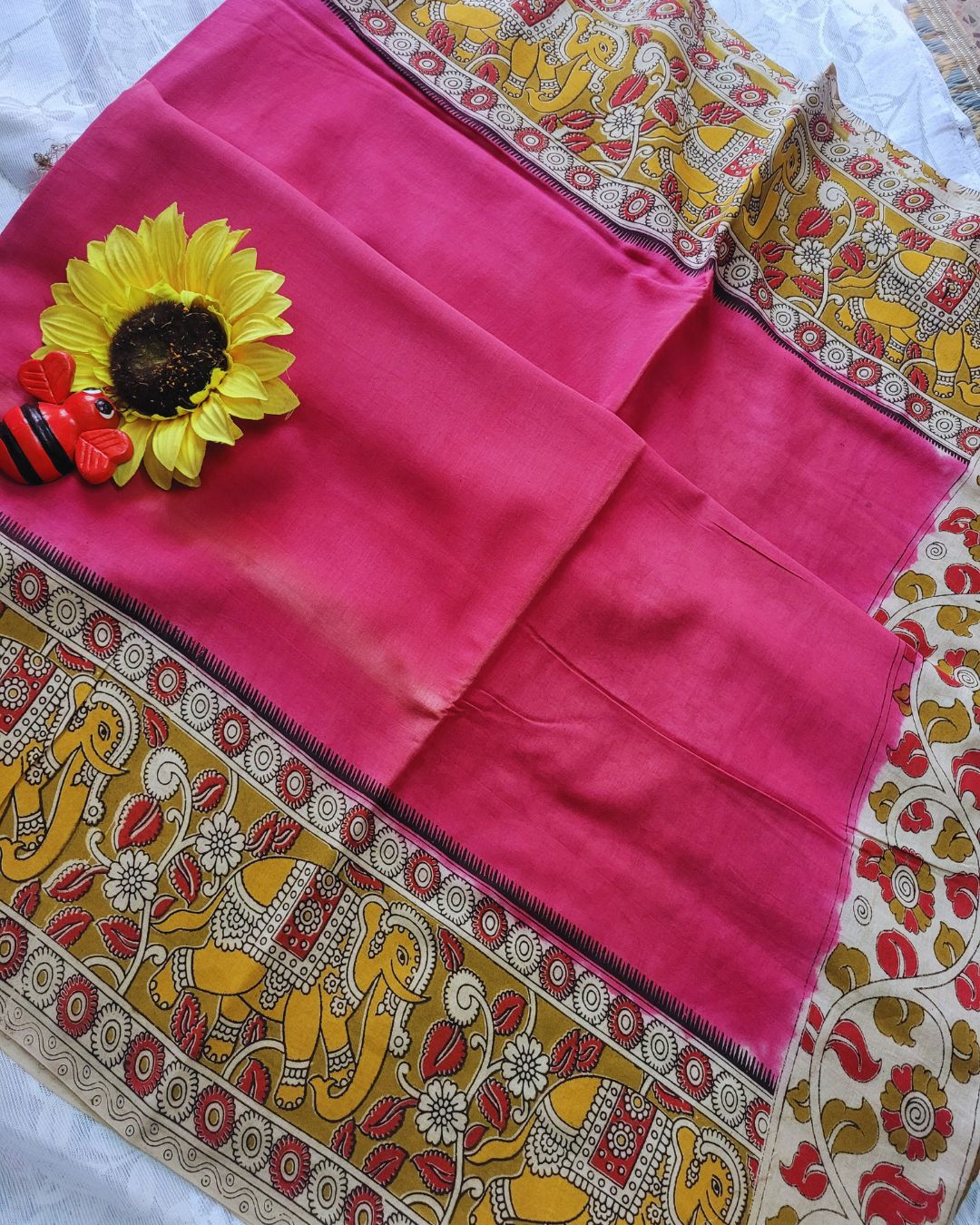 Kalamkari Double Dyed Pure MulMul Cotton Saree with 9-Inch Printed Border - Pink Elephant Border