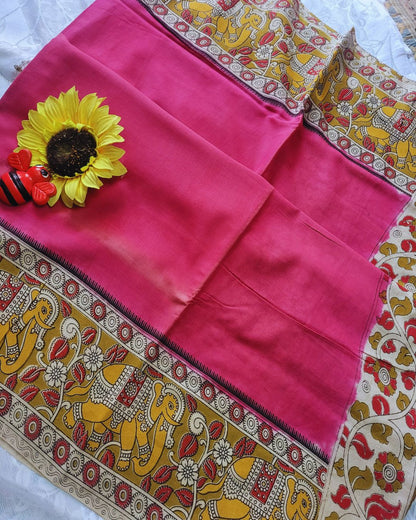 Kalamkari Double Dyed Pure MulMul Cotton Saree with 9-Inch Printed Border - Pink Elephant Border