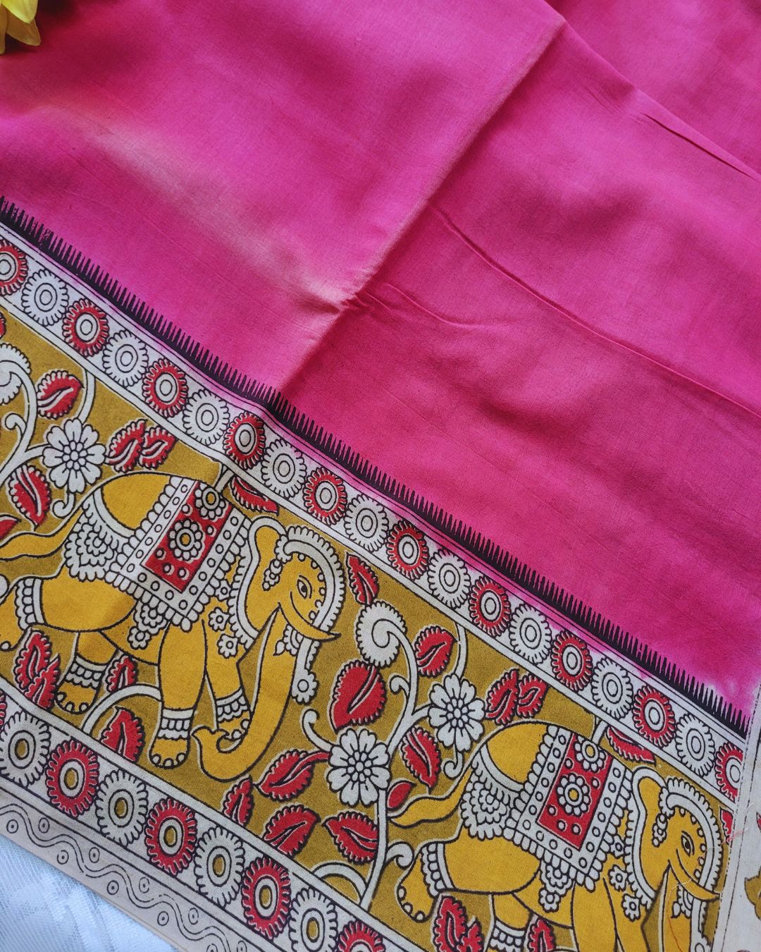 Kalamkari Double Dyed Pure MulMul Cotton Saree with 9-Inch Printed Border - Pink Elephant Border