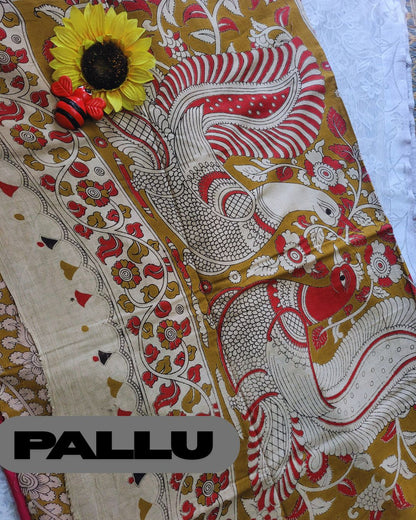 Kalamkari Double Dyed Pure MulMul Cotton Saree with 9-Inch Printed Border - Pink Elephant Border