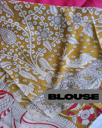 Kalamkari Double Dyed Pure MulMul Cotton Saree with 9-Inch Printed Border - Pink Elephant Border