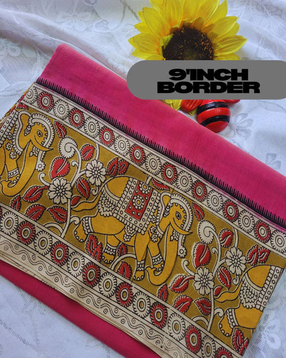 Kalamkari Double Dyed Pure MulMul Cotton Saree with 9-Inch Printed Border - Pink Elephant Border