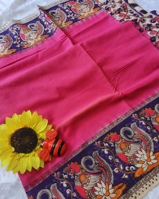 Kalamkari Double Dyed Pure MulMul Cotton Saree with 9-Inch Printed Border - Pink Swan Border