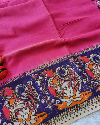 Kalamkari Double Dyed Pure MulMul Cotton Saree with 9-Inch Printed Border - Pink Swan Border