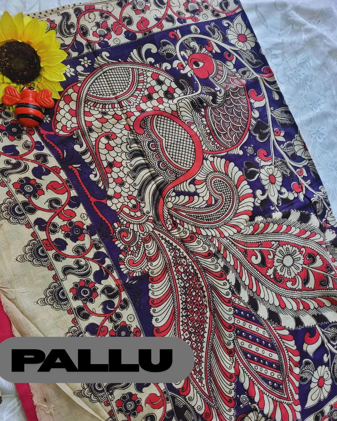 Kalamkari Double Dyed Pure MulMul Cotton Saree with 9-Inch Printed Border - Pink Swan Border
