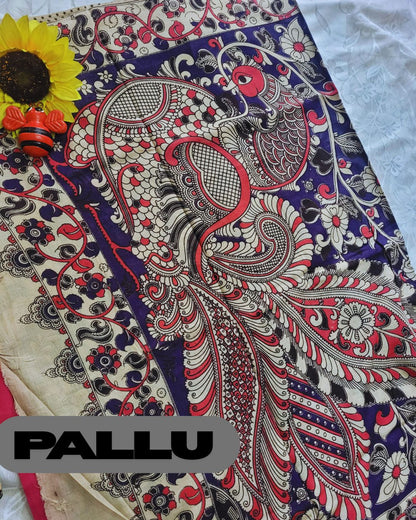 Kalamkari Double Dyed Pure MulMul Cotton Saree with 9-Inch Printed Border - Pink Swan Border
