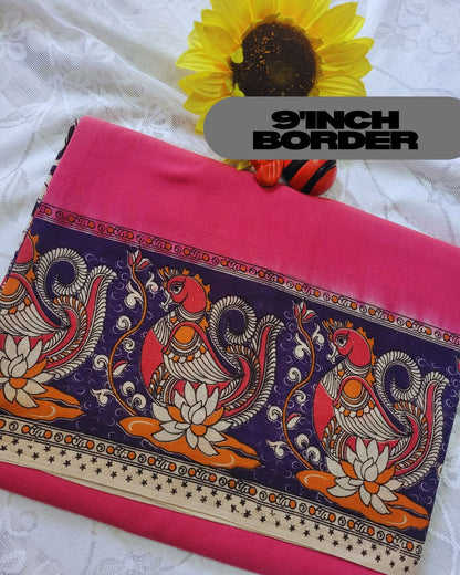 Kalamkari Double Dyed Pure MulMul Cotton Saree with 9-Inch Printed Border - Pink Swan Border