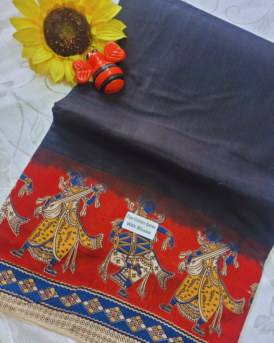 Kalamkari Double Dyed Pure MulMul Cotton Saree with 9-Inch Printed Border - Black Katha Border