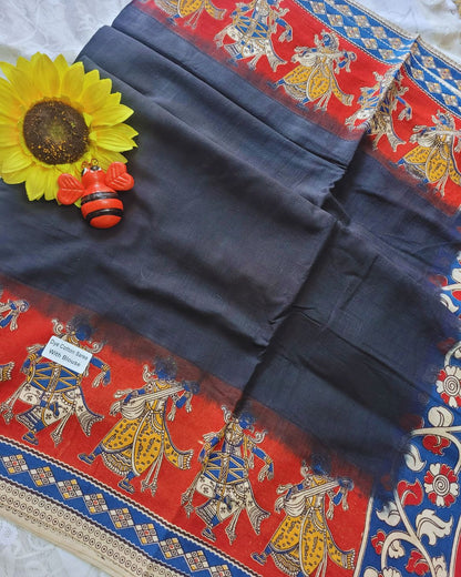 Kalamkari Double Dyed Pure MulMul Cotton Saree with 9-Inch Printed Border - Black Katha Border