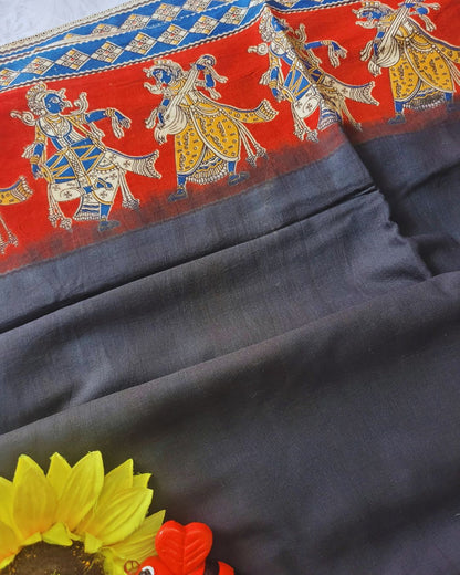 Kalamkari Double Dyed Pure MulMul Cotton Saree with 9-Inch Printed Border - Black Katha Border
