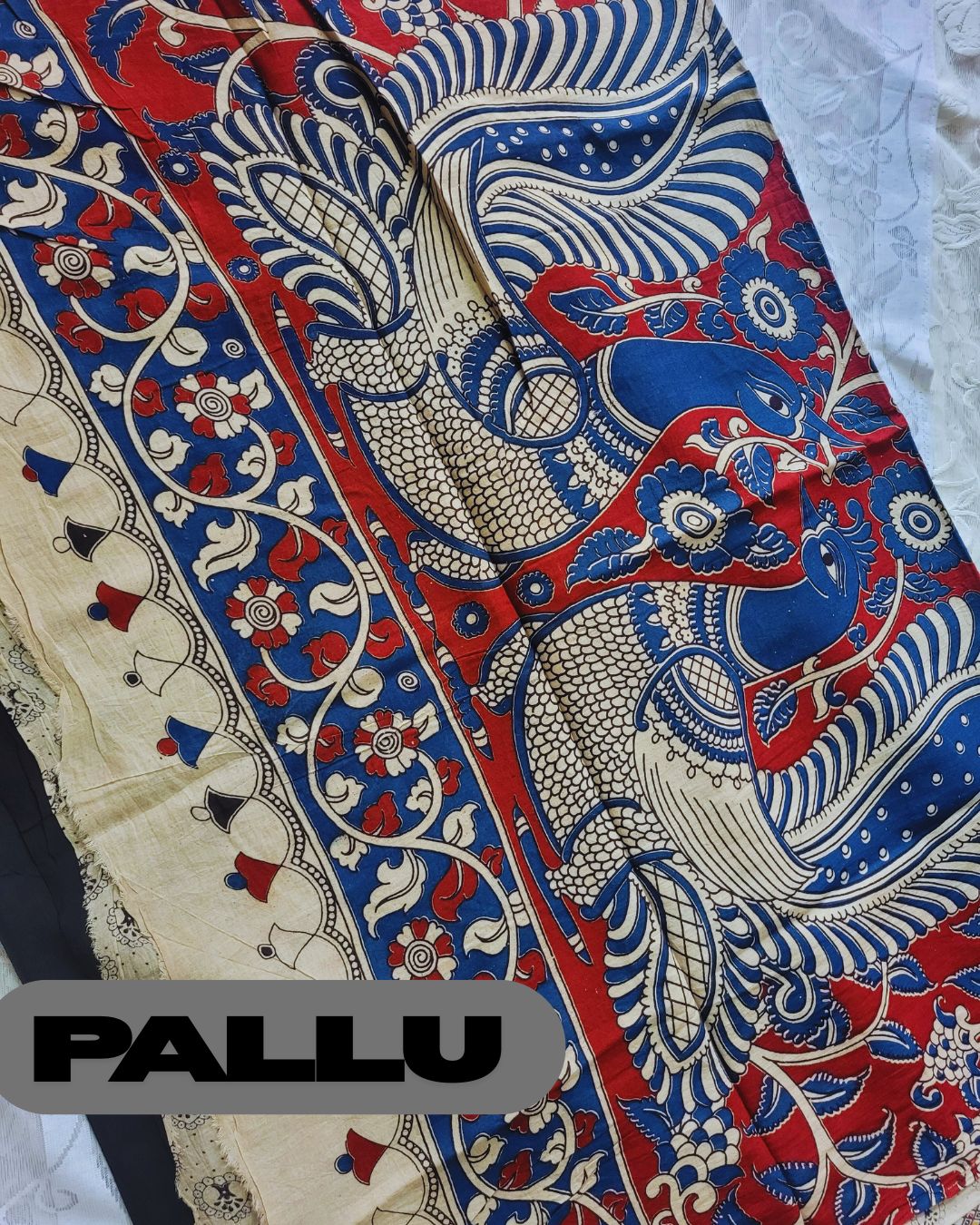 Kalamkari Double Dyed Pure MulMul Cotton Saree with 9-Inch Printed Border - Black Katha Border