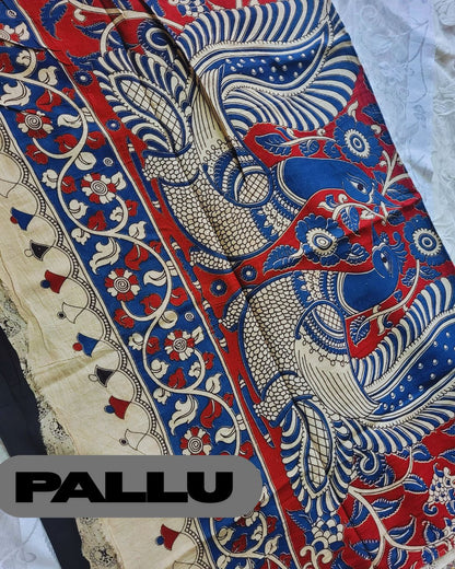 Kalamkari Double Dyed Pure MulMul Cotton Saree with 9-Inch Printed Border - Black Katha Border