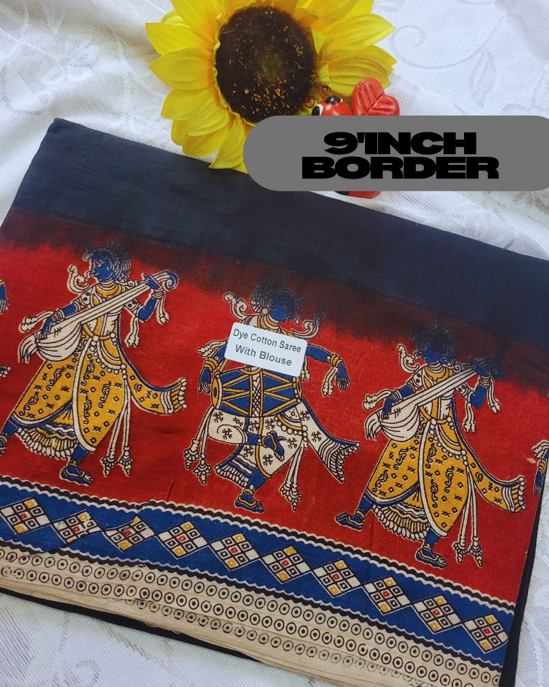 Kalamkari Double Dyed Pure MulMul Cotton Saree with 9-Inch Printed Border - Black Katha Border