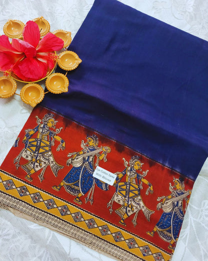 Kalamkari Double Dyed Pure MulMul Cotton Saree with 9-Inch Printed Border - Blue