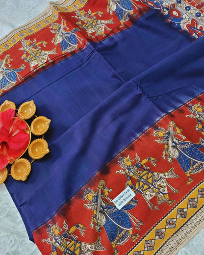 Kalamkari Double Dyed Pure MulMul Cotton Saree with 9-Inch Printed Border - Blue