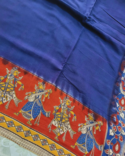 Kalamkari Double Dyed Pure MulMul Cotton Saree with 9-Inch Printed Border - Blue
