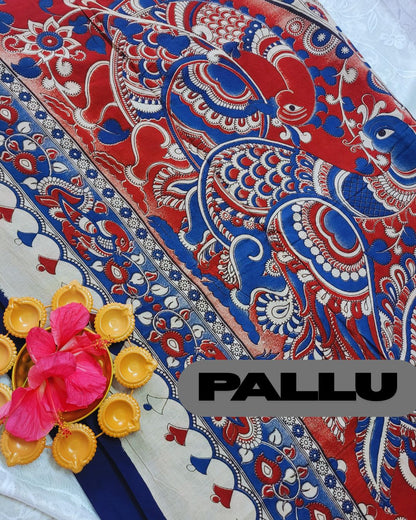 Kalamkari Double Dyed Pure MulMul Cotton Saree with 9-Inch Printed Border - Blue