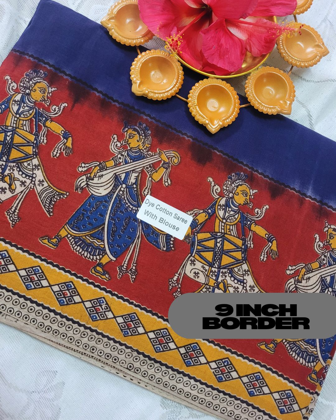 Kalamkari Double Dyed Pure MulMul Cotton Saree with 9-Inch Printed Border - Blue