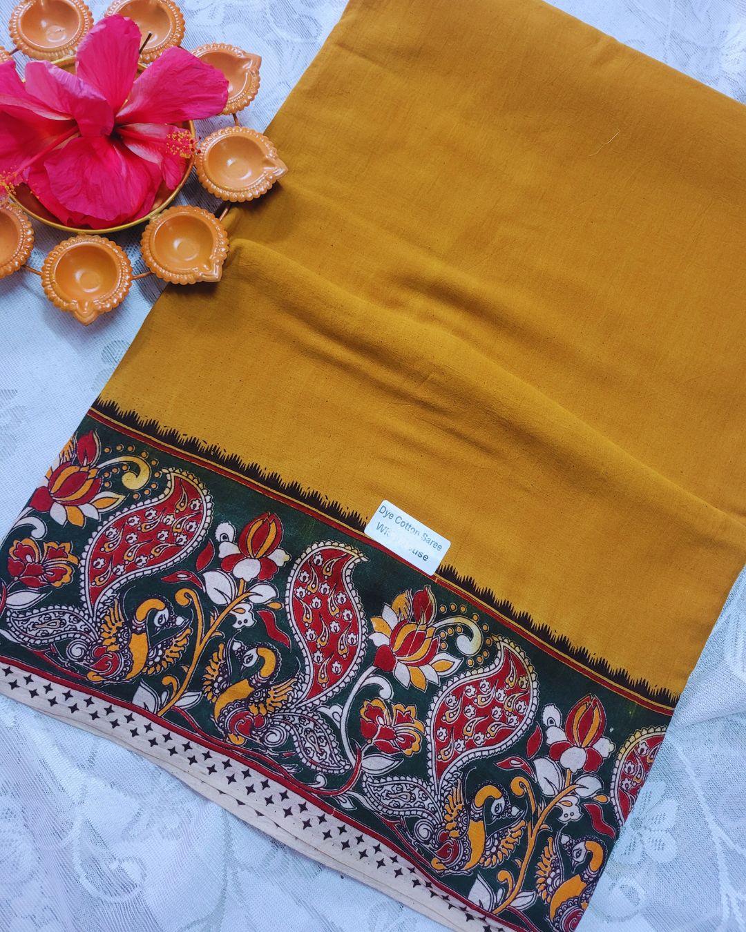 Kalamkari Double Dyed Pure MulMul Cotton Saree with 9-Inch Printed Border - Mustard