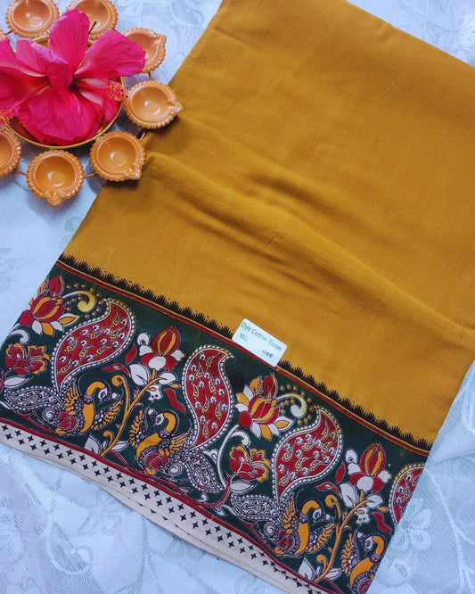 Kalamkari Double Dyed Pure MulMul Cotton Saree with 9-Inch Printed Border - Mustard