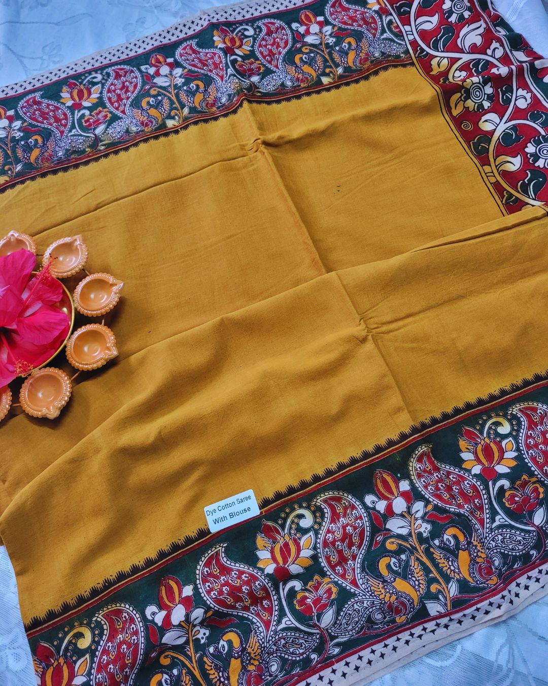 Kalamkari Double Dyed Pure MulMul Cotton Saree with 9-Inch Printed Border - Mustard