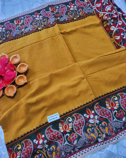 Kalamkari Double Dyed Pure MulMul Cotton Saree with 9-Inch Printed Border - Mustard