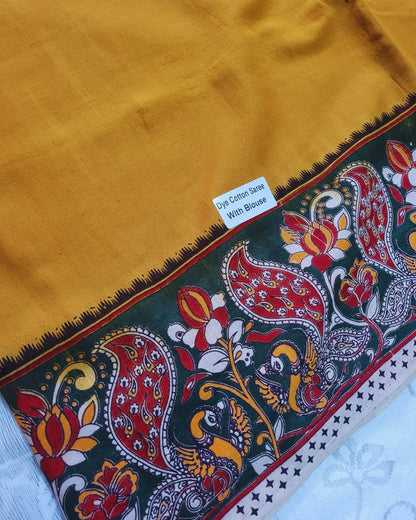 Kalamkari Double Dyed Pure MulMul Cotton Saree with 9-Inch Printed Border - Mustard