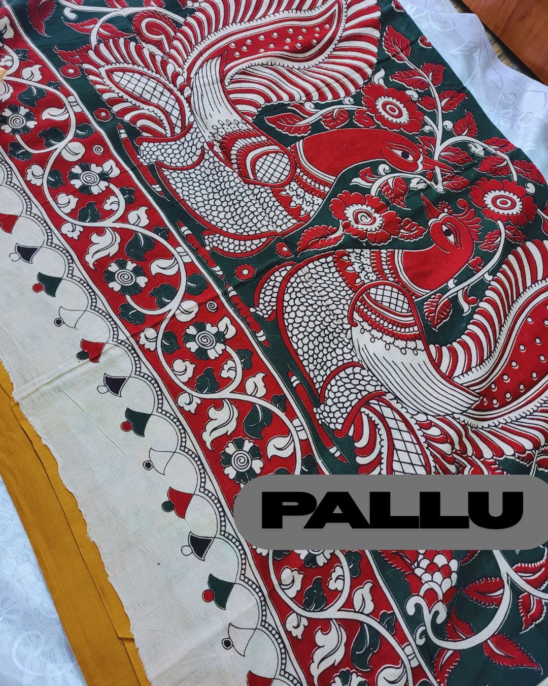 Kalamkari Double Dyed Pure MulMul Cotton Saree with 9-Inch Printed Border - Mustard