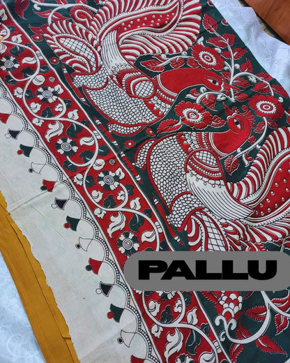 Kalamkari Double Dyed Pure MulMul Cotton Saree with 9-Inch Printed Border - Mustard