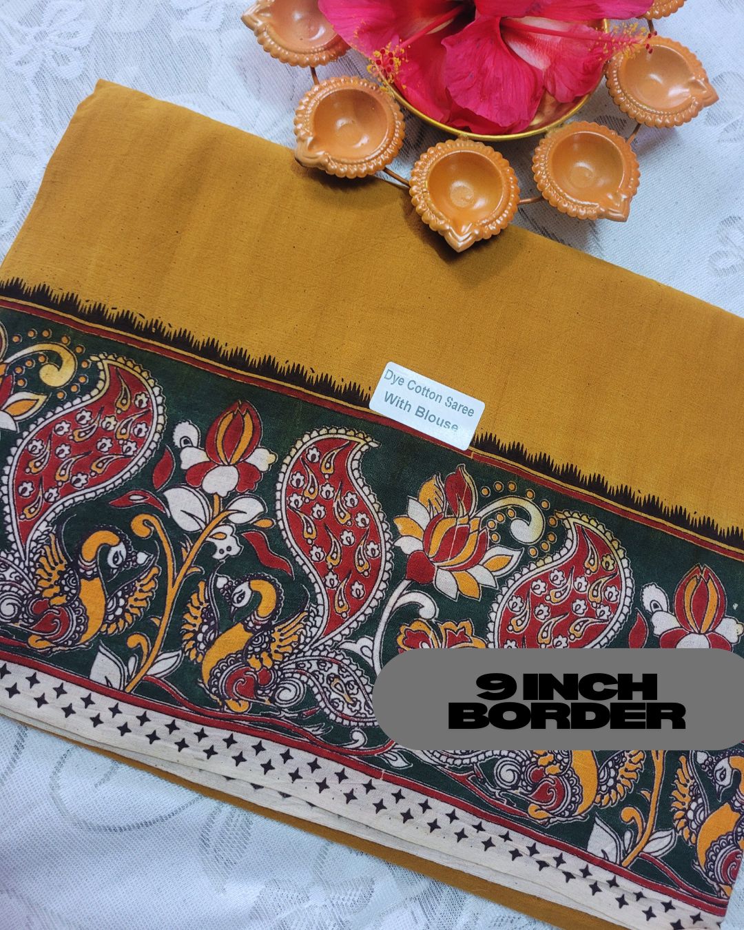 Kalamkari Double Dyed Pure MulMul Cotton Saree with 9-Inch Printed Border - Mustard