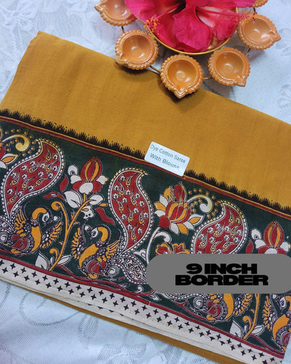 Kalamkari Double Dyed Pure MulMul Cotton Saree with 9-Inch Printed Border - Mustard