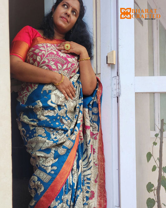Kalamkari Faded Effect Blue & Pink Kings Yatra Story Saree - Neelvarn