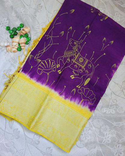 Kalamkari Kanchi Border Double Dyed & Hand Painted Pichwai Dark Purple Saree - VrajVastra