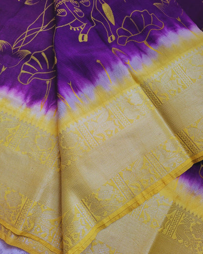 Kalamkari Kanchi Border Double Dyed & Hand Painted Pichwai Dark Purple Saree - VrajVastra