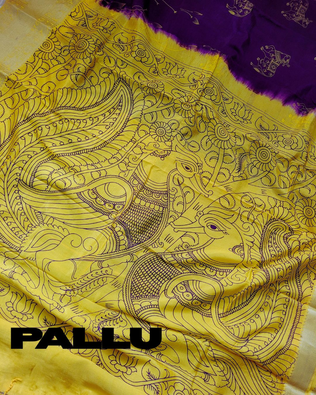 Kalamkari Kanchi Border Double Dyed & Hand Painted Pichwai Dark Purple Saree - VrajVastra