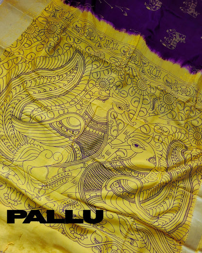 Kalamkari Kanchi Border Double Dyed & Hand Painted Pichwai Dark Purple Saree - VrajVastra