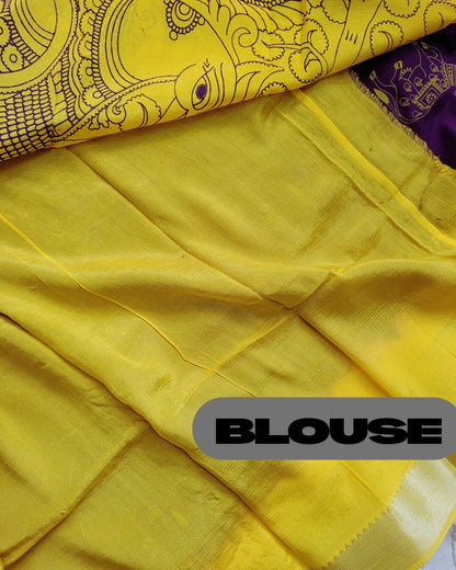 Kalamkari Kanchi Border Double Dyed & Hand Painted Pichwai Dark Purple Saree - VrajVastra