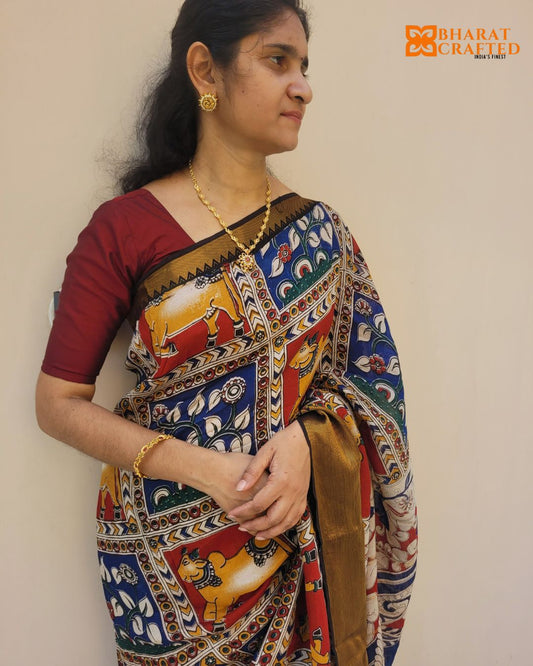 Kalamkari Kanchi border mangalagiri silk saree - Nandi Multi block