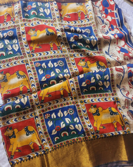 Kalamkari Kanchi border mangalagiri silk saree - Nandi Multi block