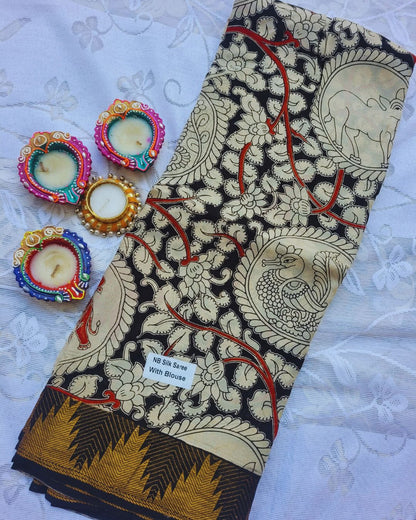 Kalamkari Kanchi border pure mangalagiri silk saree - Vanam