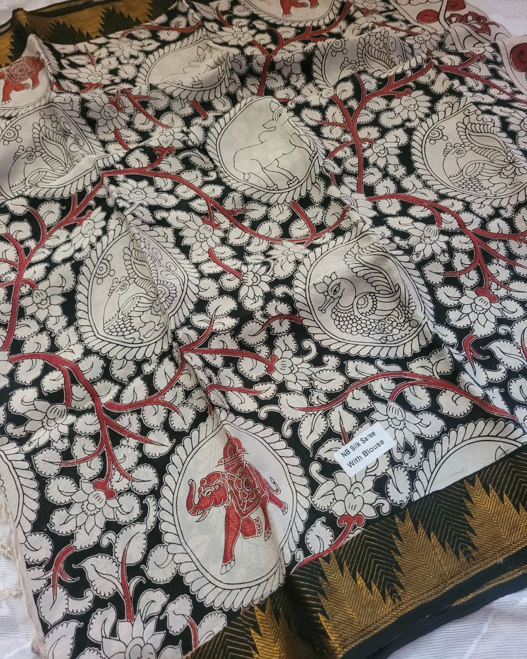 Kalamkari Kanchi border pure mangalagiri silk saree - Vanam