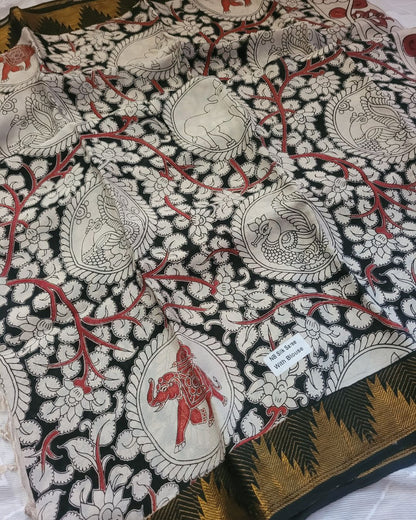 Kalamkari Kanchi border pure mangalagiri silk saree - Vanam