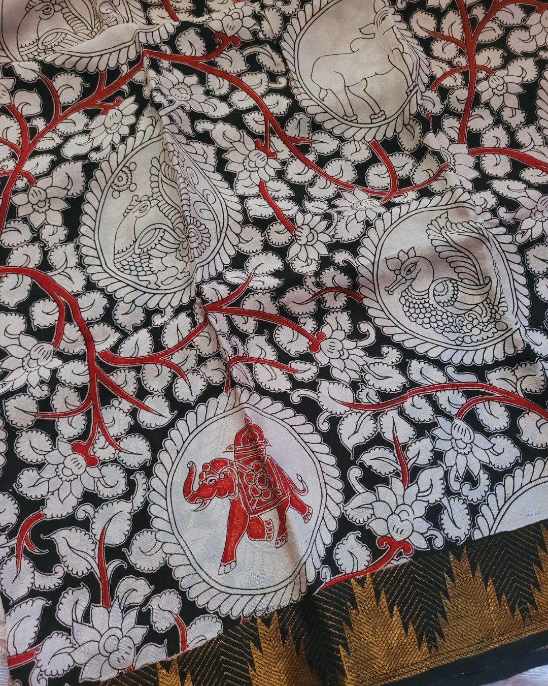 Kalamkari Kanchi border pure mangalagiri silk saree - Vanam