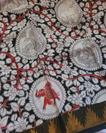 Kalamkari Kanchi border pure mangalagiri silk saree - Vanam