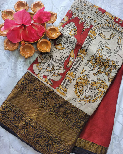 Kalamkari Chennur Silk 7 Inch Kanchi border saree - Katha