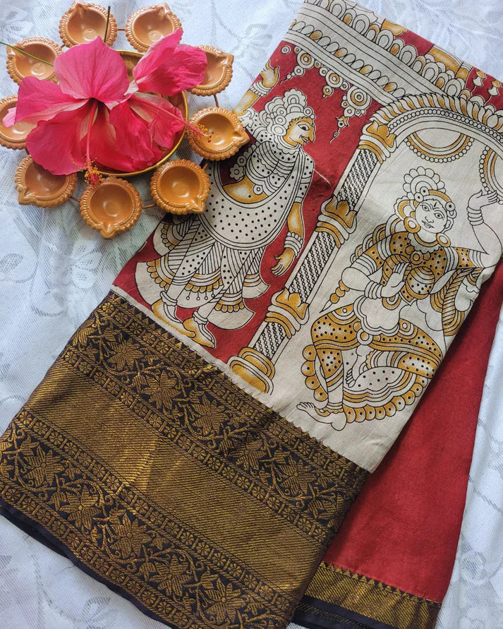 Kalamkari Chennur silk 7 Inch Kanjivaram border saree - Gatha