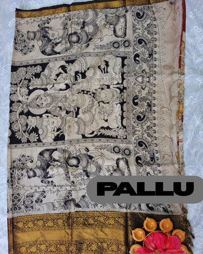 Kalamkari Chennur Silk 7 Inch Kanchi border saree - Katha