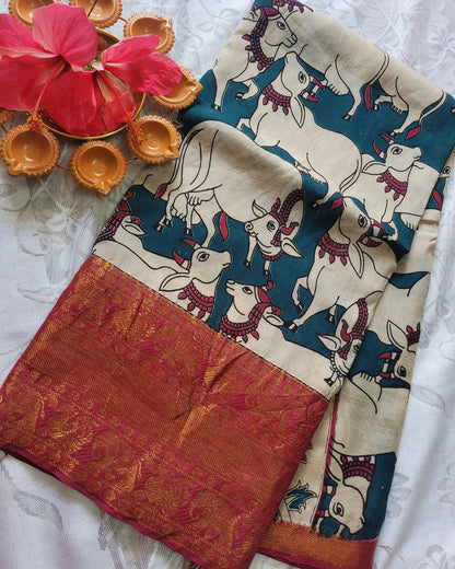 Kalamkari Chennur Silk 7 Inch Kanchi border saree - Nandi Pichwai